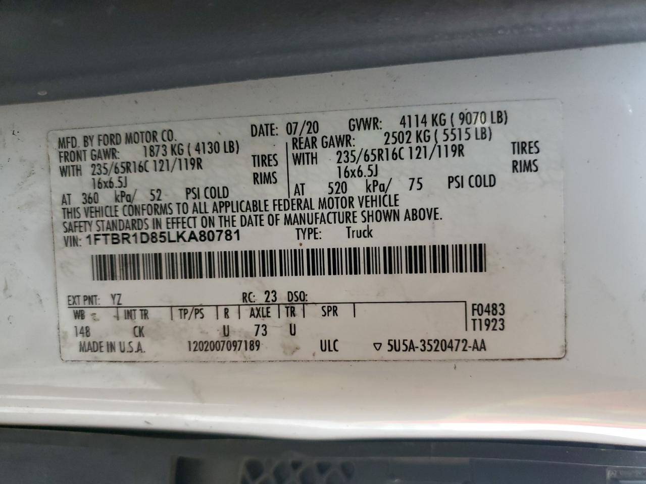 2020 Ford Transit T-250 VIN: 1FTBR1D85LKA80781 Lot: 92931655