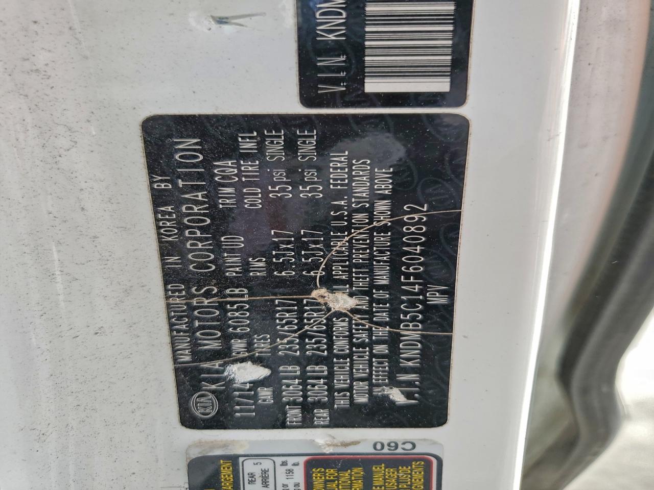 2015 Kia Sedona Lx VIN: KNDMB5C14F6040892 Lot: 94331805