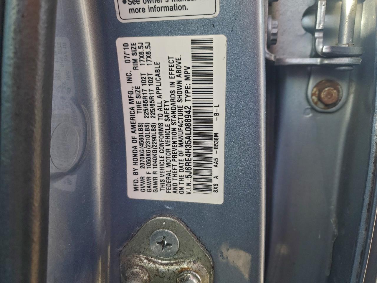 2010 Honda Cr-V Lx VIN: 5J6RE4H35AL088942 Lot: 93021465