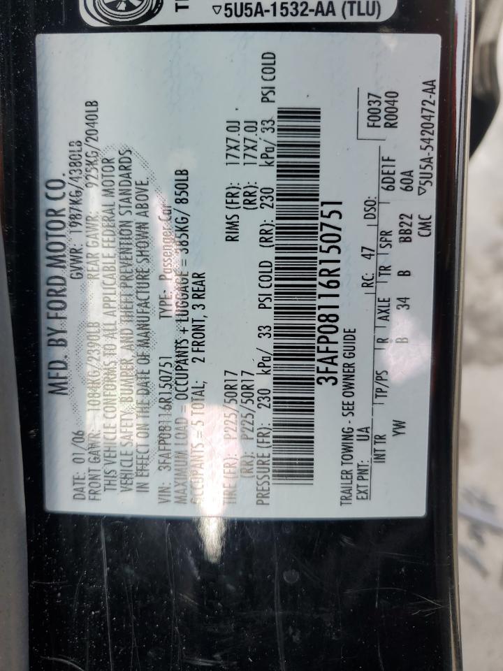 2006 Ford Fusion Sel VIN: 3FAFP08116R150751 Lot: 92330855