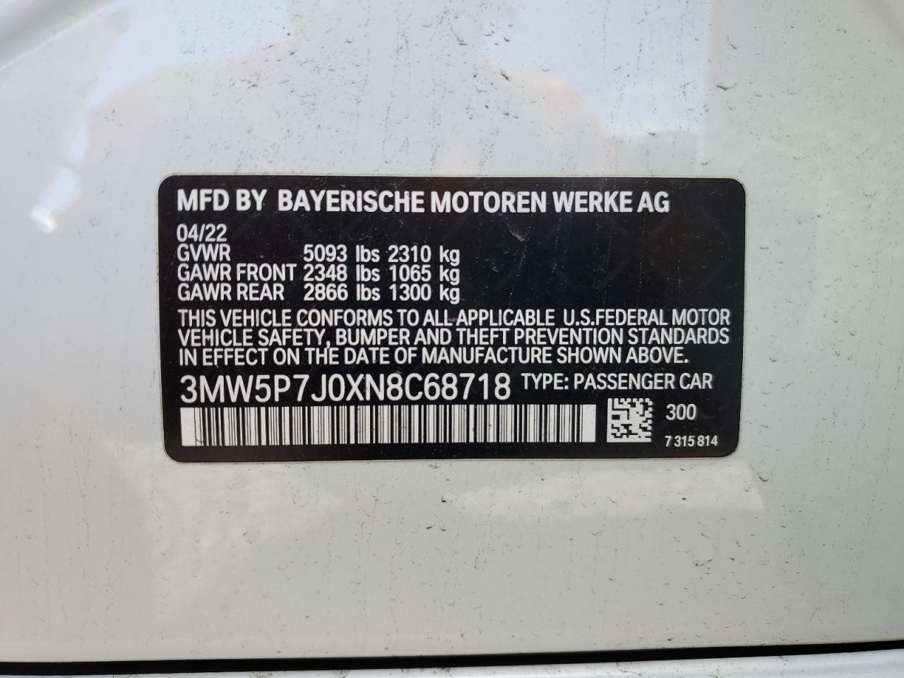 2022 BMW 330E VIN: 3MW5P7J0XN8C68718 Lot: 93958505