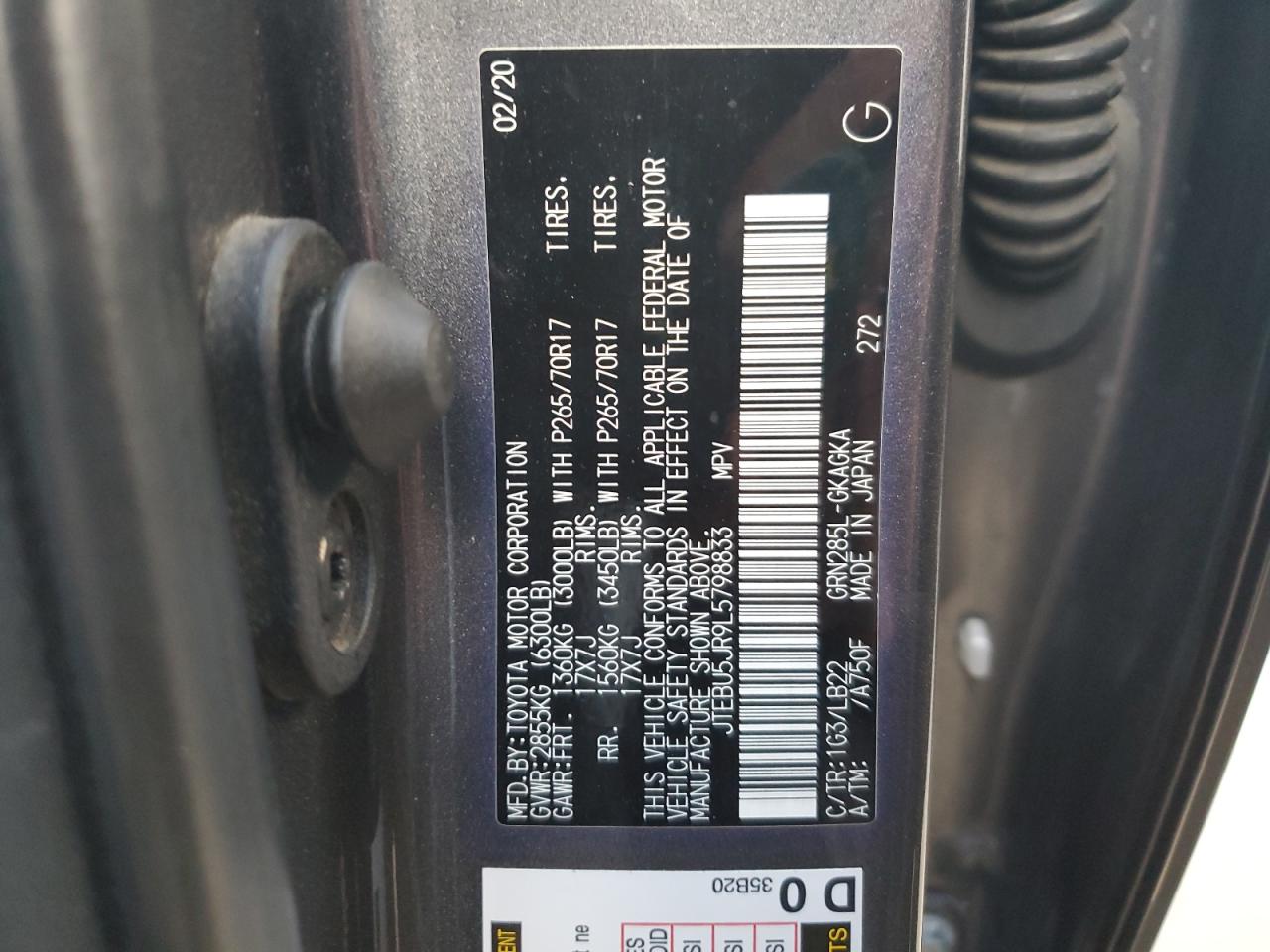 2020 Toyota 4Runner Sr5/Sr5 Premium VIN: JTEBU5JR9L5798833 Lot: 93905925