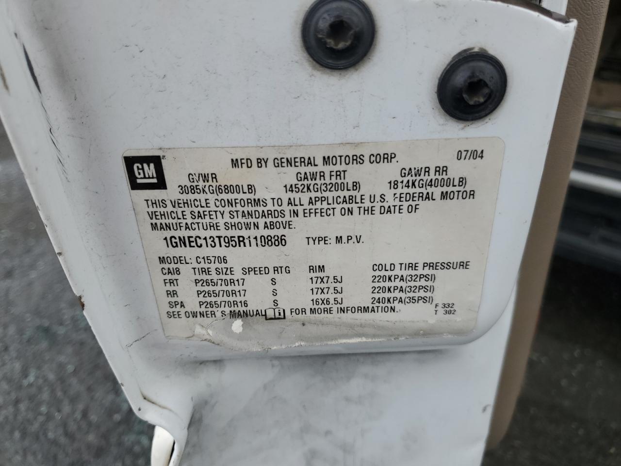 2005 Chevrolet Tahoe C1500 VIN: 1GNEC13T95R110886 Lot: 93946685