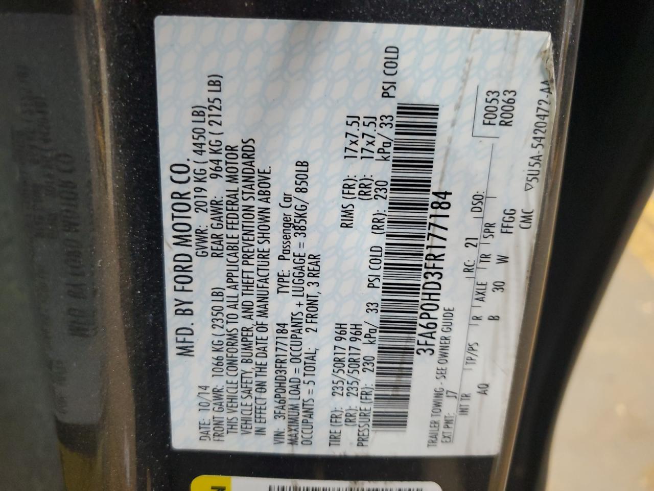 2015 Ford Fusion Se VIN: 3FA6P0HD3FR177184 Lot: 91266305