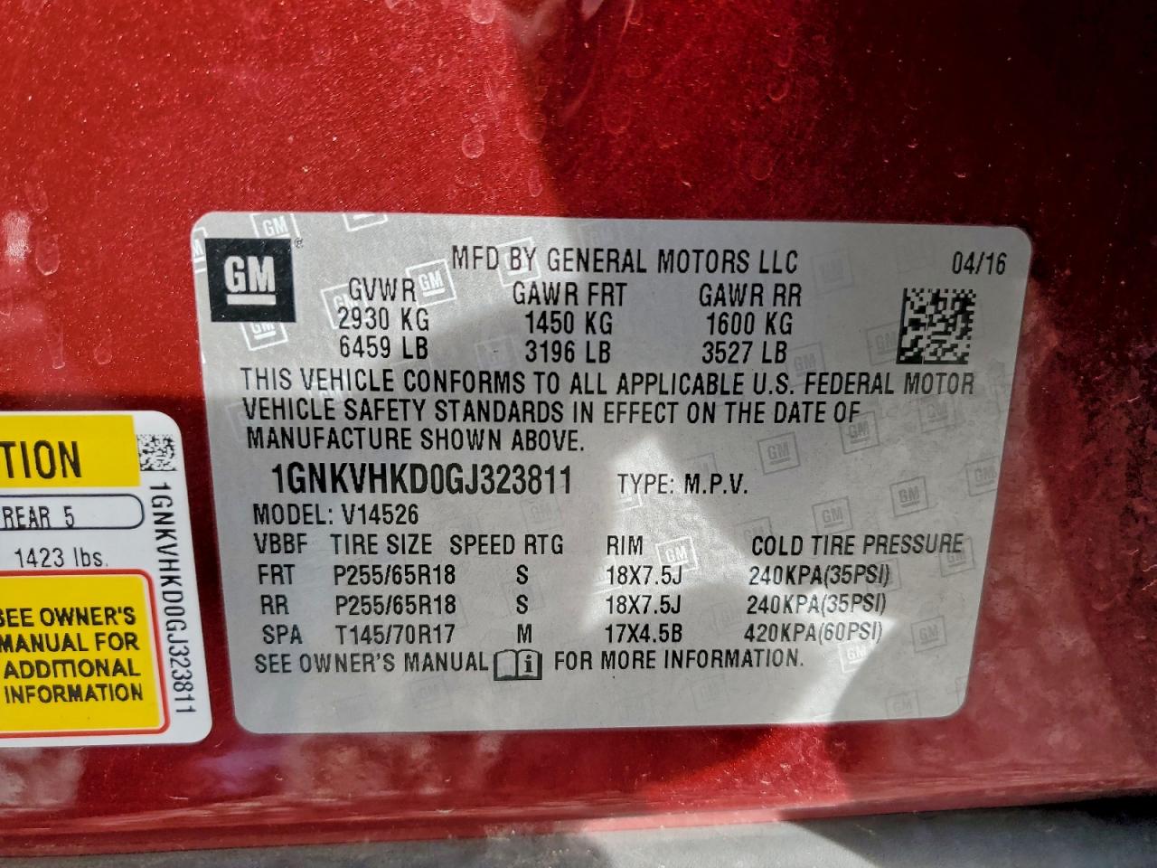 2016 Chevrolet Traverse Lt VIN: 1GNKVHKD0GJ323811 Lot: 94402705