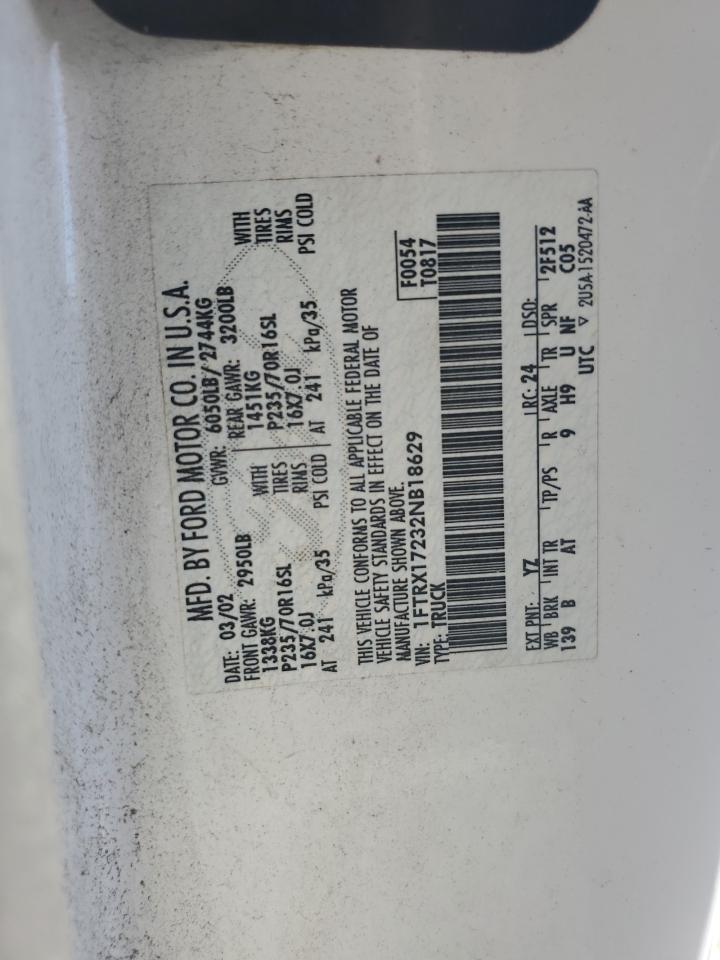 2002 Ford F150 VIN: 1FTRX17232NB18629 Lot: 92652485