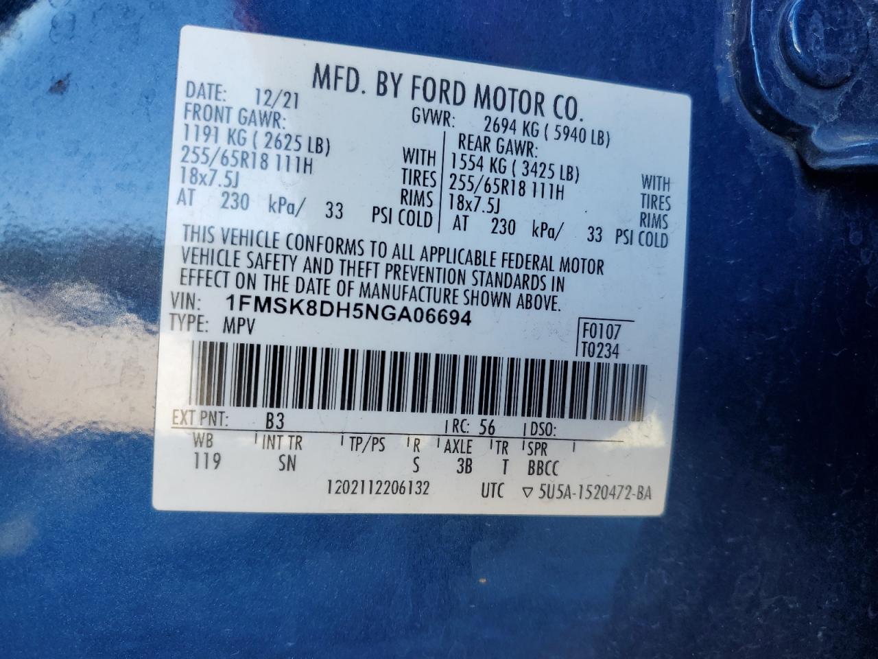 2022 Ford Explorer Xlt VIN: 1FMSK8DH5NGA06694 Lot: 91920945