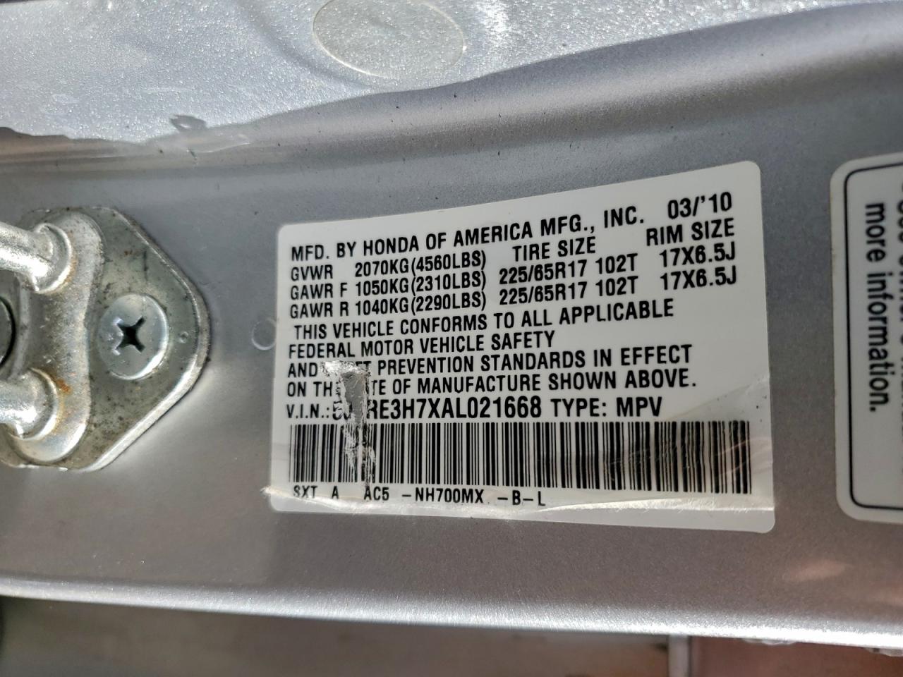 2010 Honda Cr-V Exl VIN: 5J6RE3H7XAL021668 Lot: 94385265