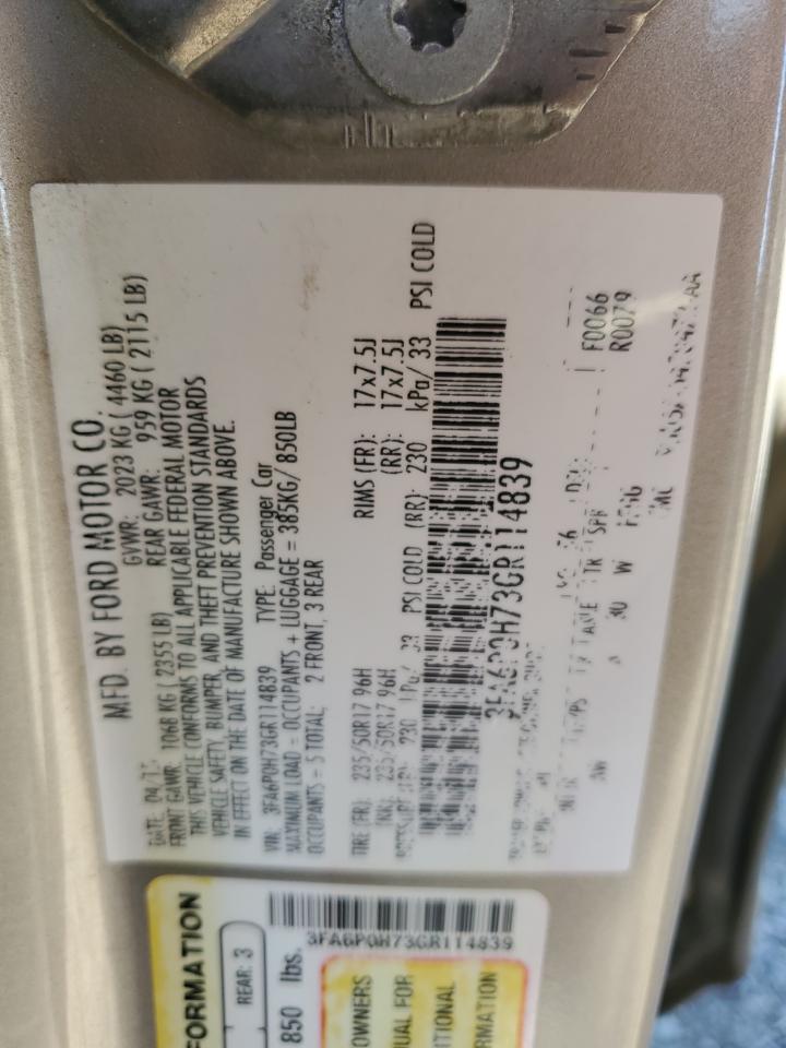 2016 Ford Fusion Se VIN: 3FA6P0H73GR114839 Lot: 92482525