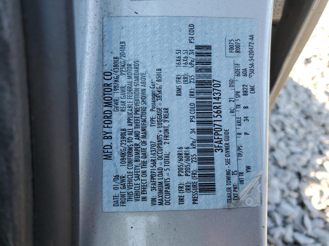 2006 Ford Fusion Se VIN: 3FAFP07156R143707 Lot: 92907295