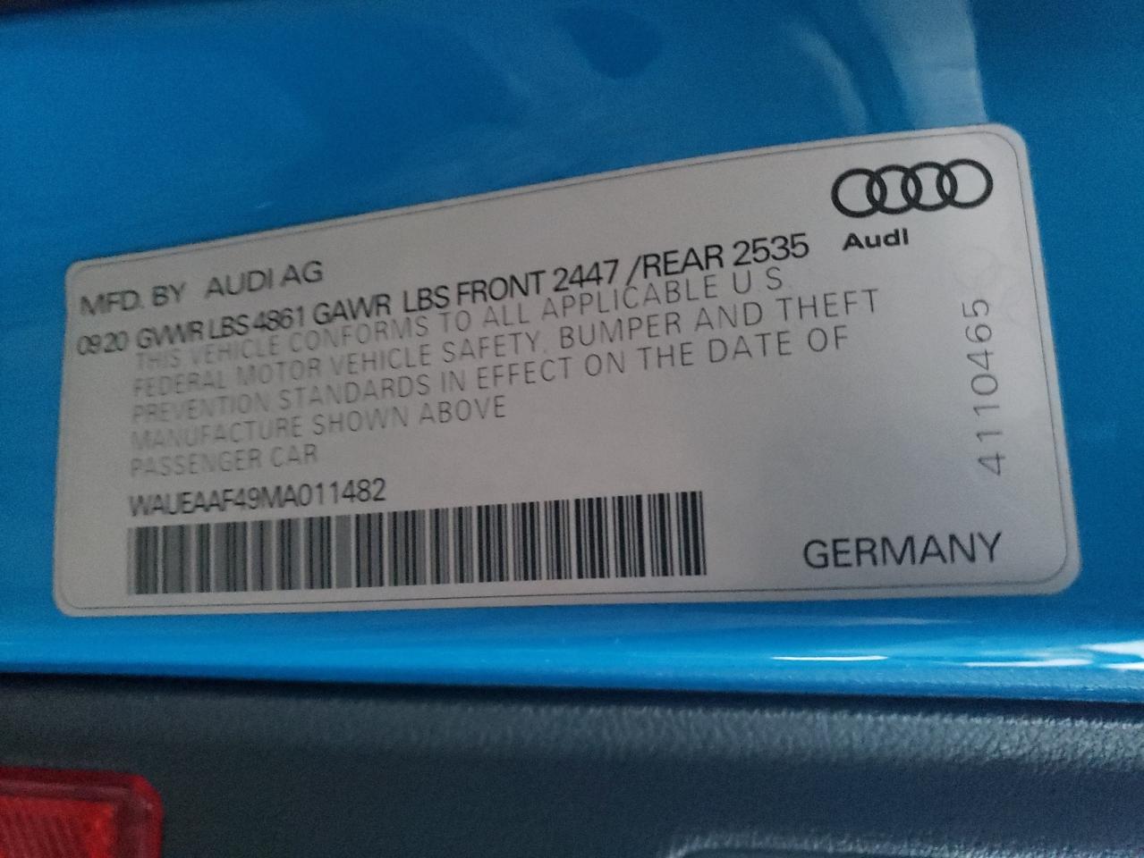 2021 Audi A4 Premium Plus 45 VIN: WAUEAAF49MA011482 Lot: 92934375