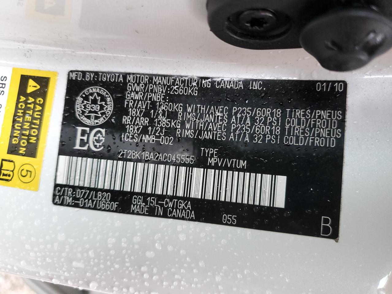 2010 Lexus Rx 350 VIN: 2T2BK1BA2AC045555 Lot: 92253005