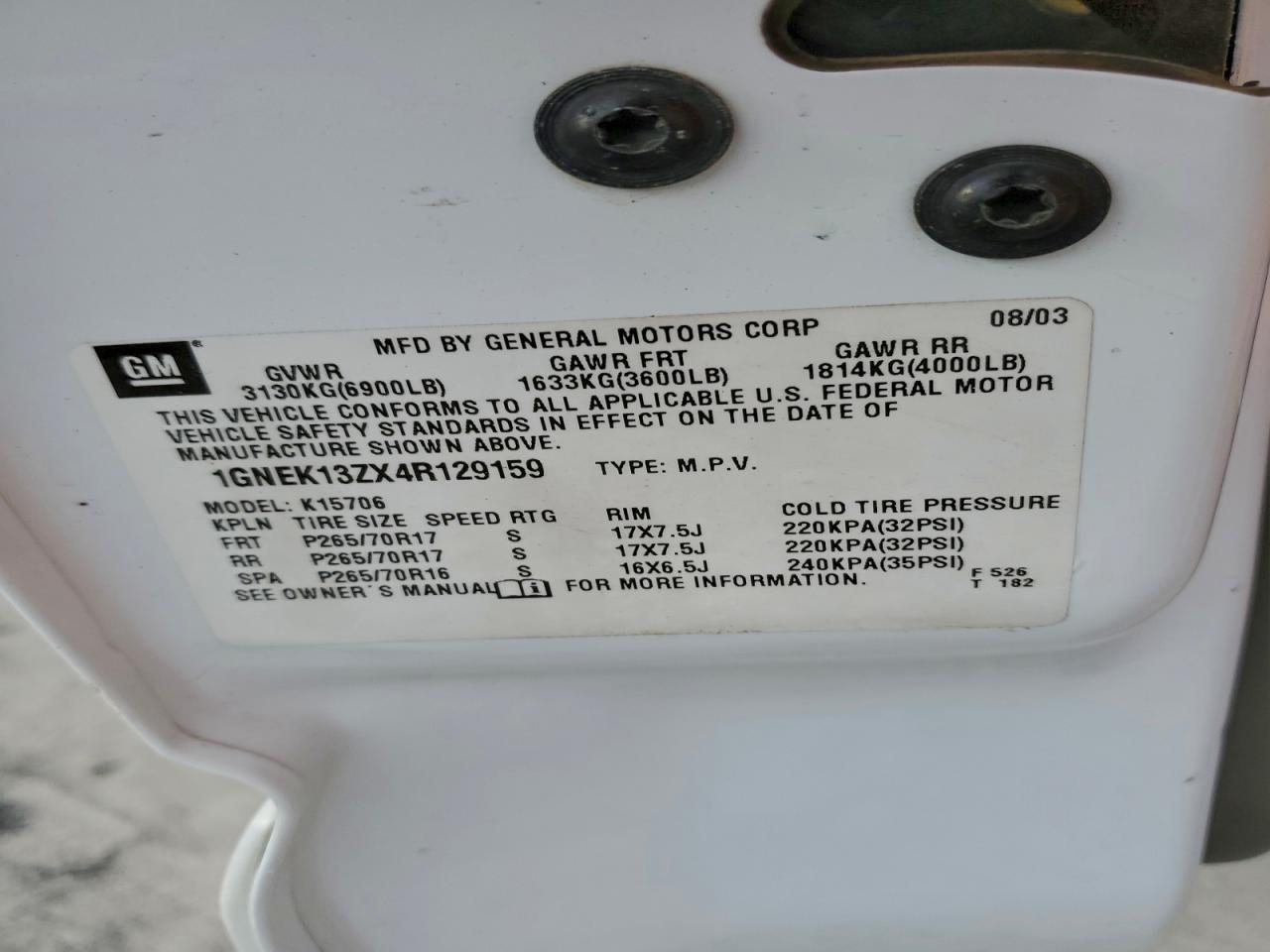 2004 Chevrolet Tahoe K1500 VIN: 1GNEK13ZX4R129159 Lot: 94334405