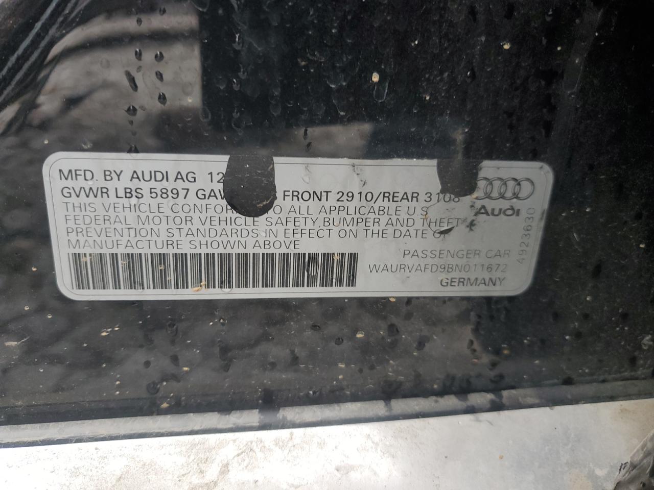 2011 Audi A8 L Quattro VIN: WAURVAFD9BN011672 Lot: 85958835