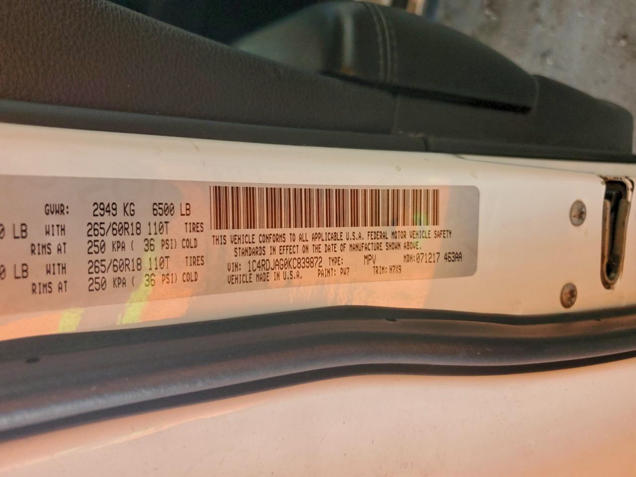 2019 Dodge Durango Sxt VIN: 1C4RDJAG0KC839872 Lot: 93885905