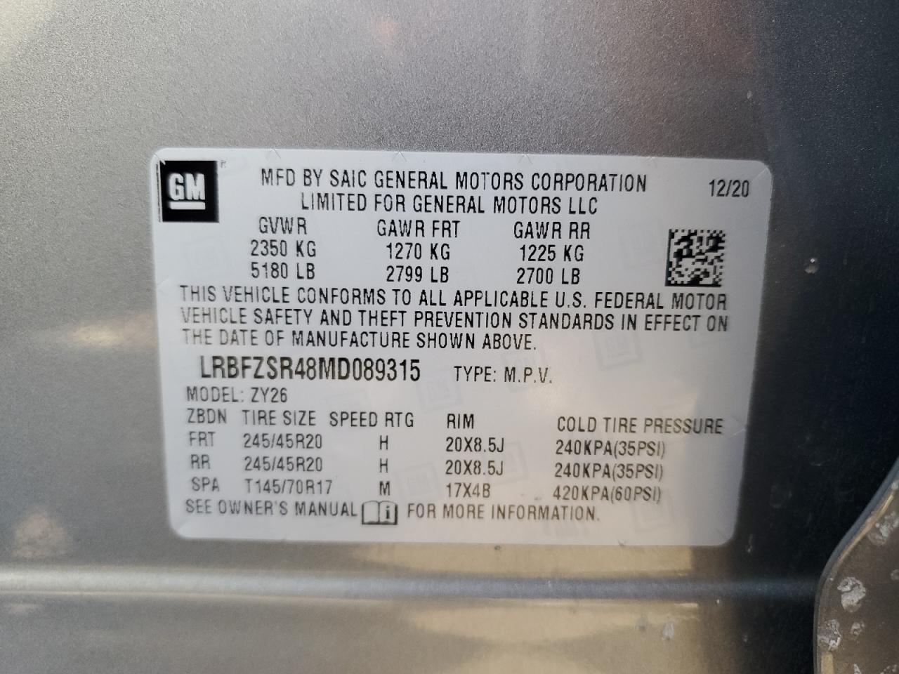 2021 Buick Envision Avenir VIN: LRBFZSR48MD089315 Lot: 93080625