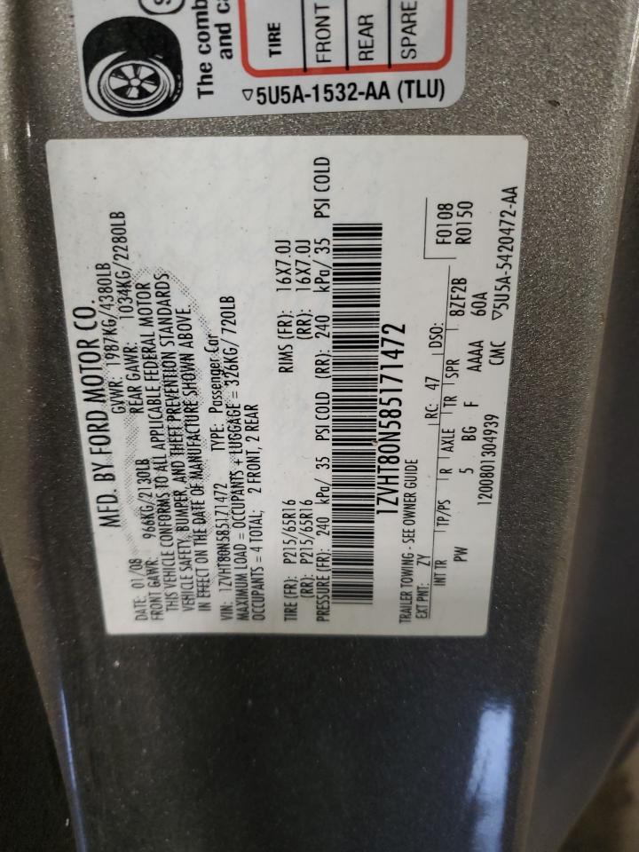 2008 Ford Mustang VIN: 1ZVHT80N585171472 Lot: 92159985