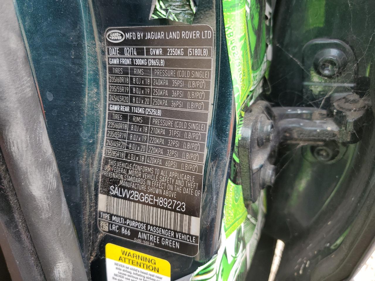 2014 Land Rover Range Rover Evoque Prestige Premium VIN: SALVV2BG6EH892723 Lot: 92896255