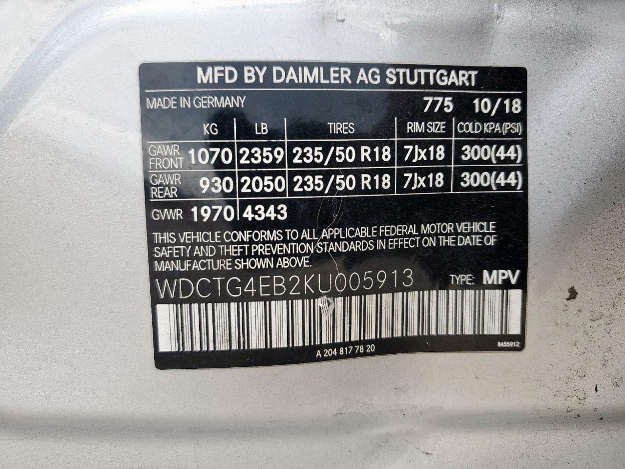 2019 Mercedes-Benz Gla 250 VIN: WDCTG4EB2KU005913 Lot: 93356045