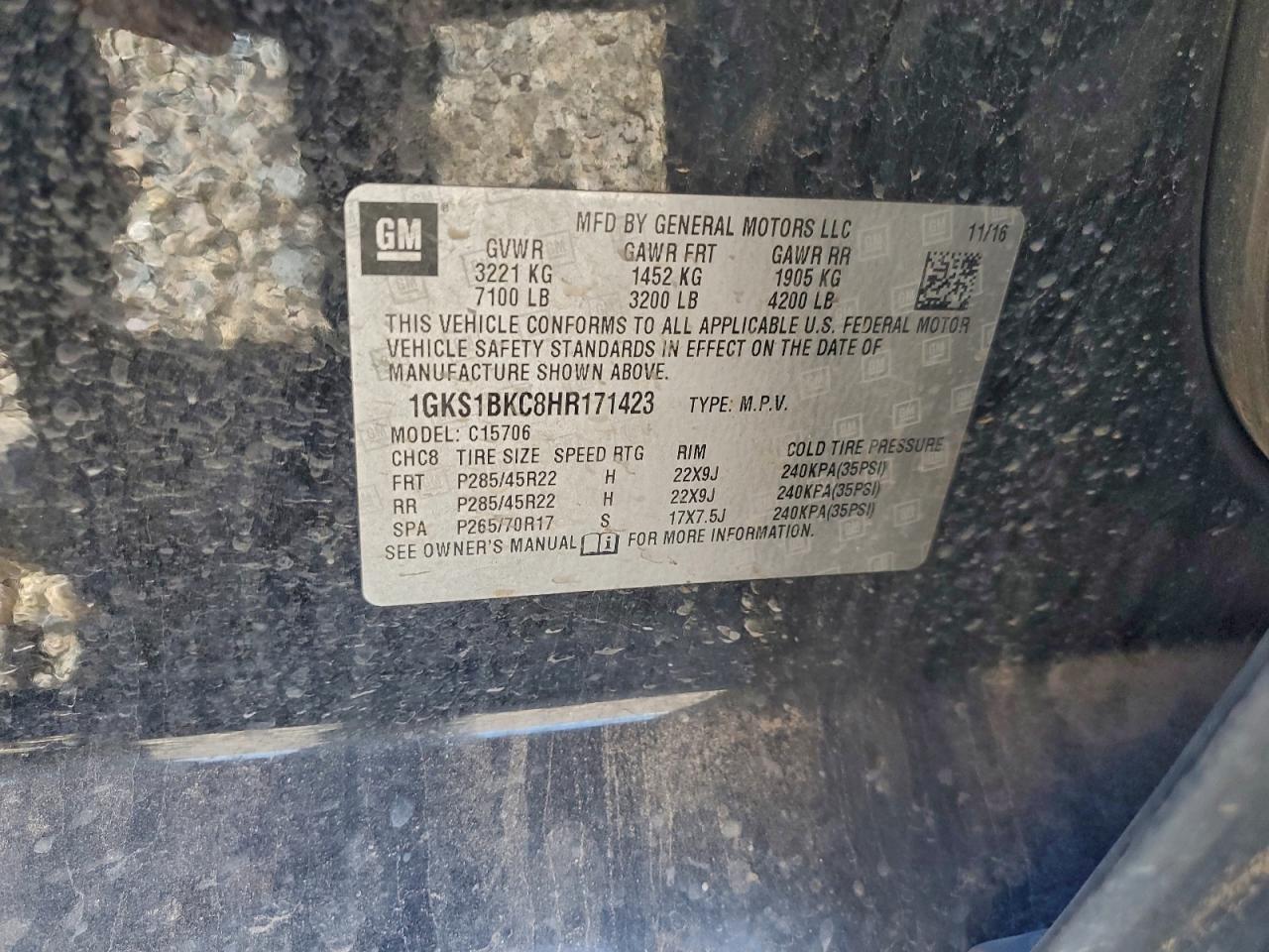 2017 GMC Yukon Slt VIN: 1GKS1BKC8HR171423 Lot: 94168045
