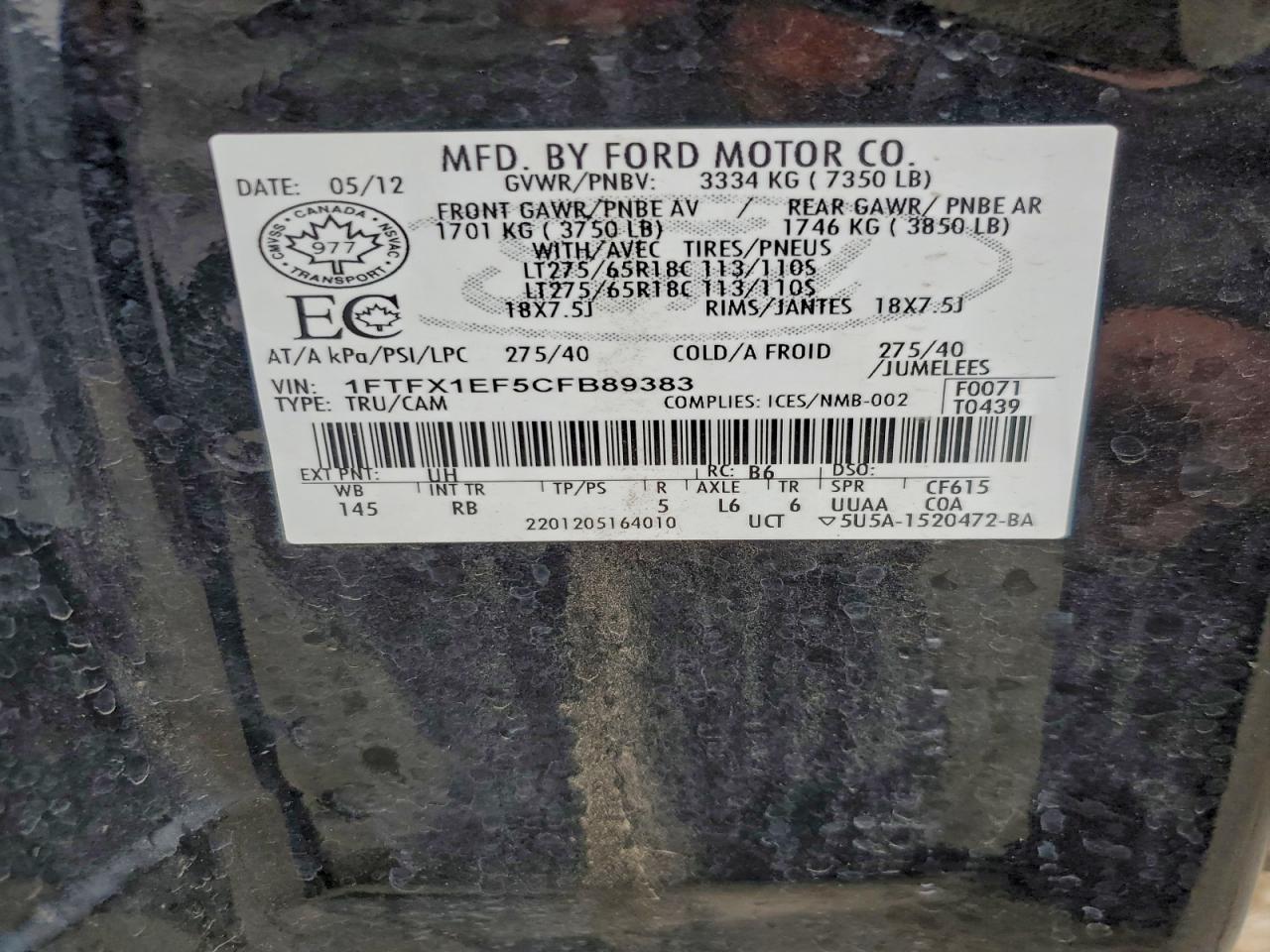 2012 Ford F150 Super Cab VIN: 1FTFX1EF5CFB89383 Lot: 93884895