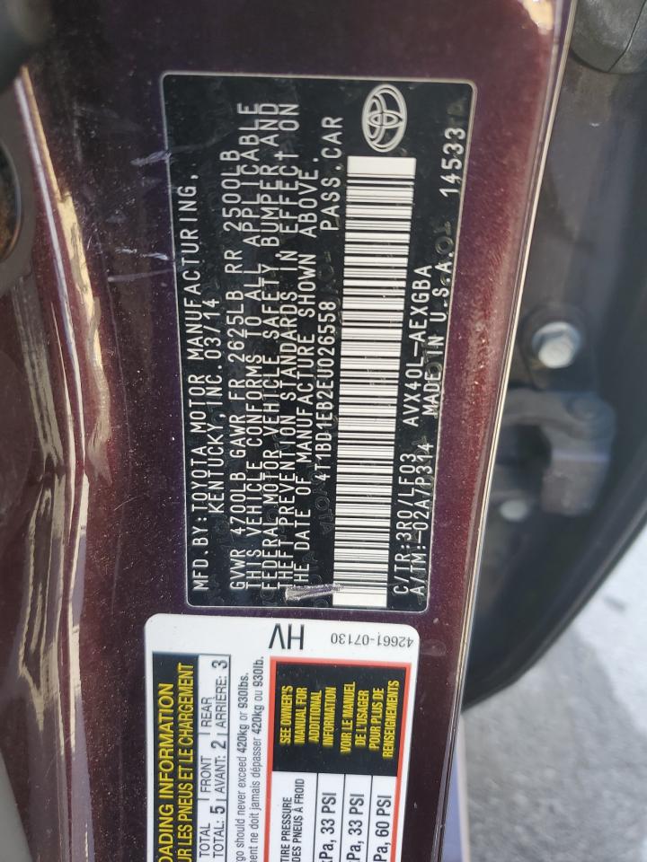 2014 Toyota Avalon Hybrid VIN: 4T1BD1EB2EU026558 Lot: 91209685