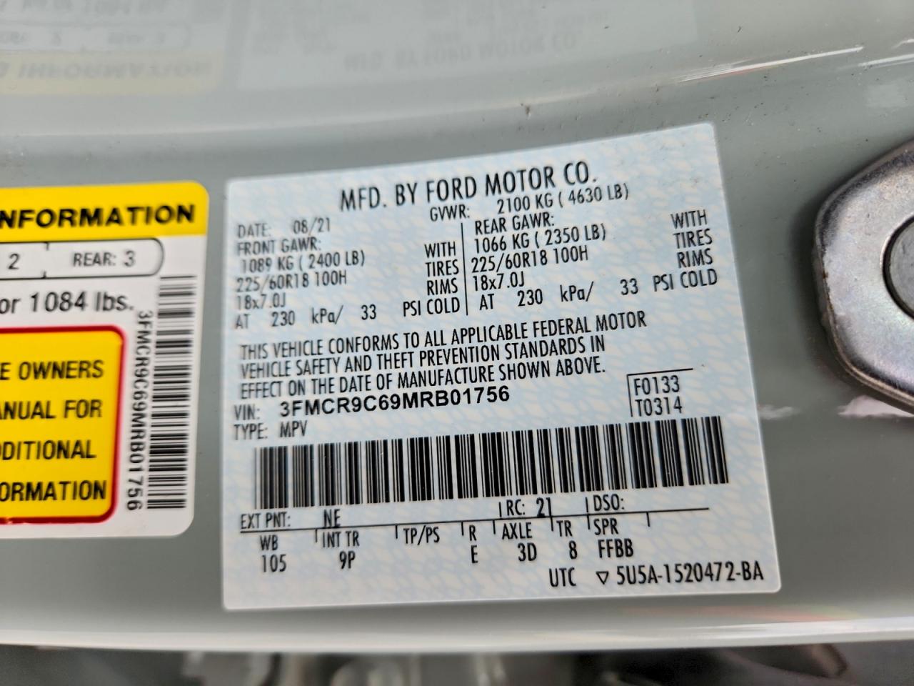 2021 Ford Bronco Sport Outer Banks VIN: 3FMCR9C69MRB01756 Lot: 93900665