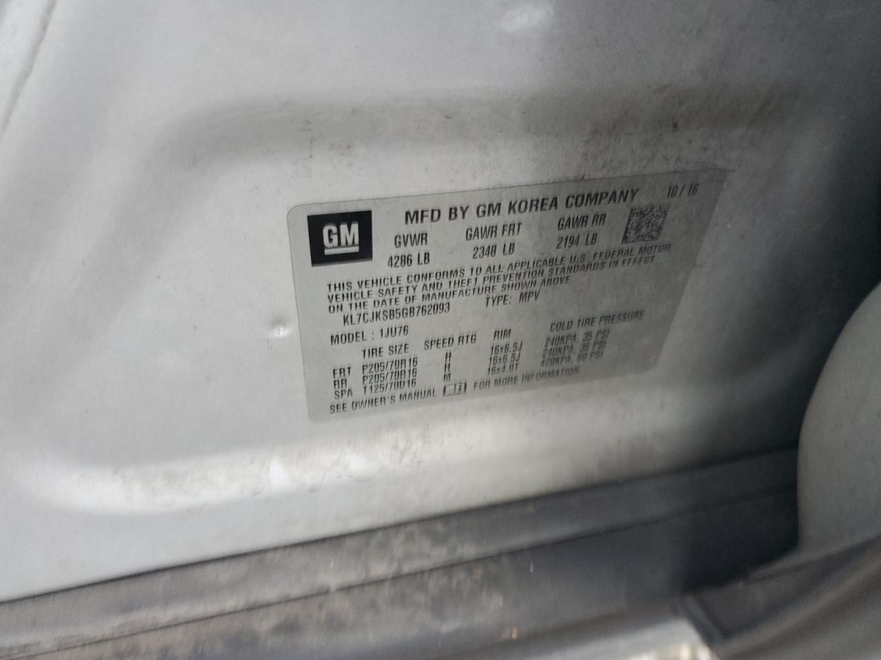 2016 Chevrolet Trax Ls VIN: KL7CJKSB5GB762093 Lot: 91326685