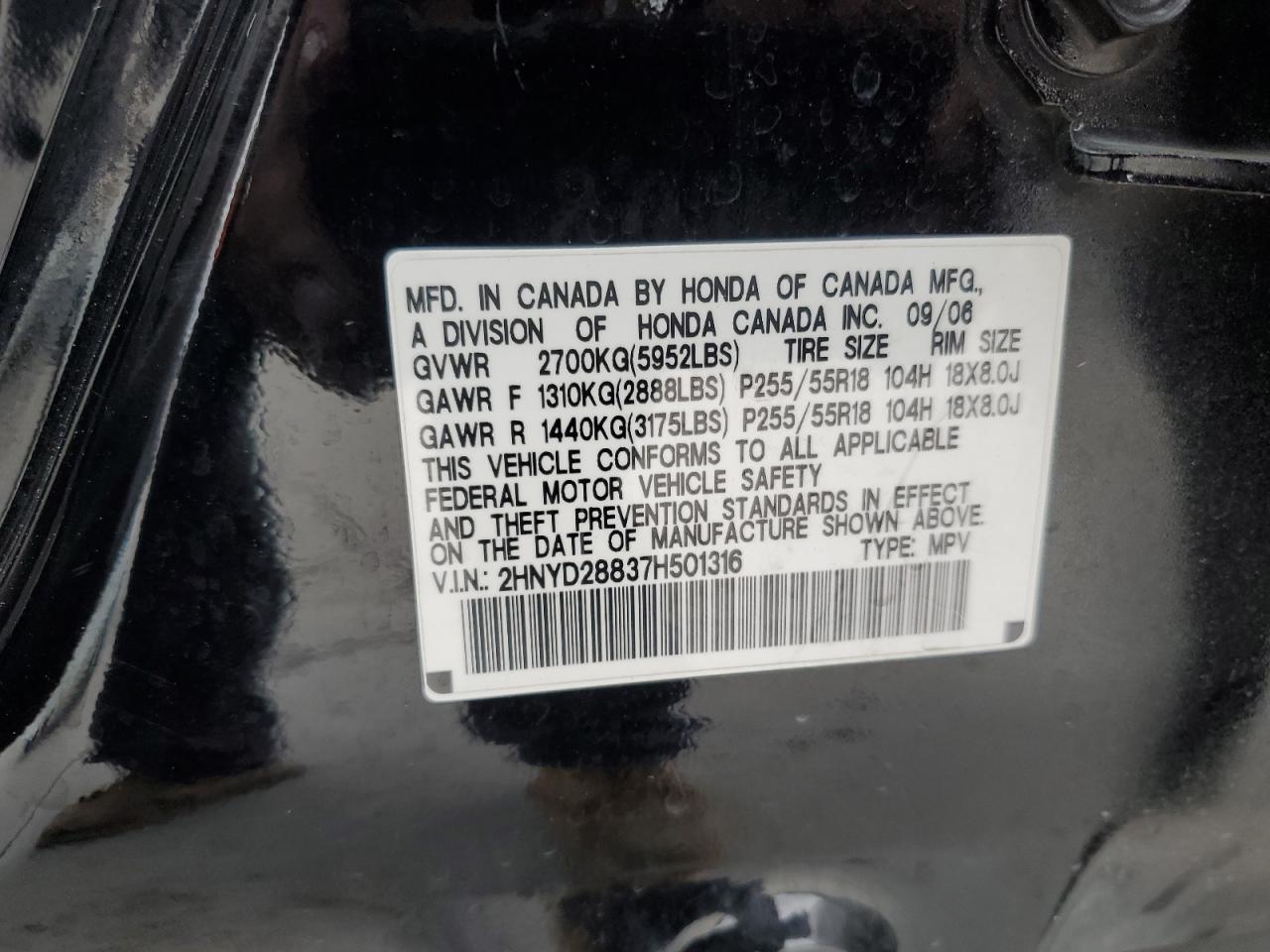 2007 Acura Mdx Sport VIN: 2HNYD28837H501316 Lot: 91198655