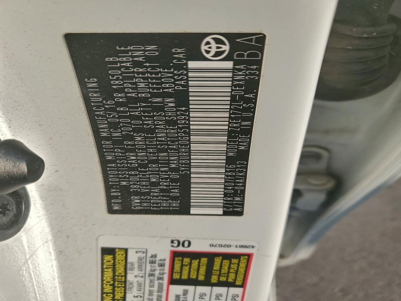 2016 Toyota Corolla L VIN: 5YFBURHE0GP519924 Lot: 94933825