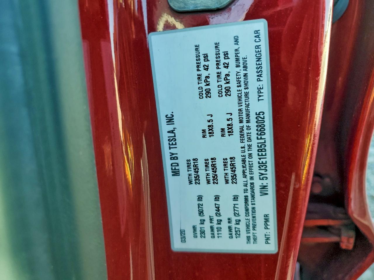 2020 Tesla Model 3 VIN: 5YJ3E1EB5LF668025 Lot: 94540065