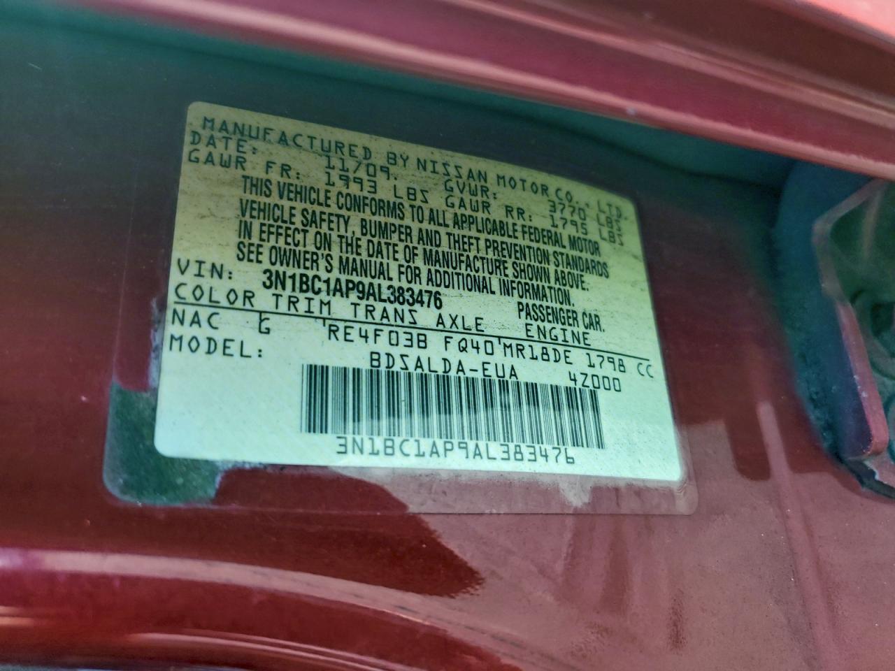 2010 Nissan Versa S VIN: 3N1BC1AP9AL383476 Lot: 93497875