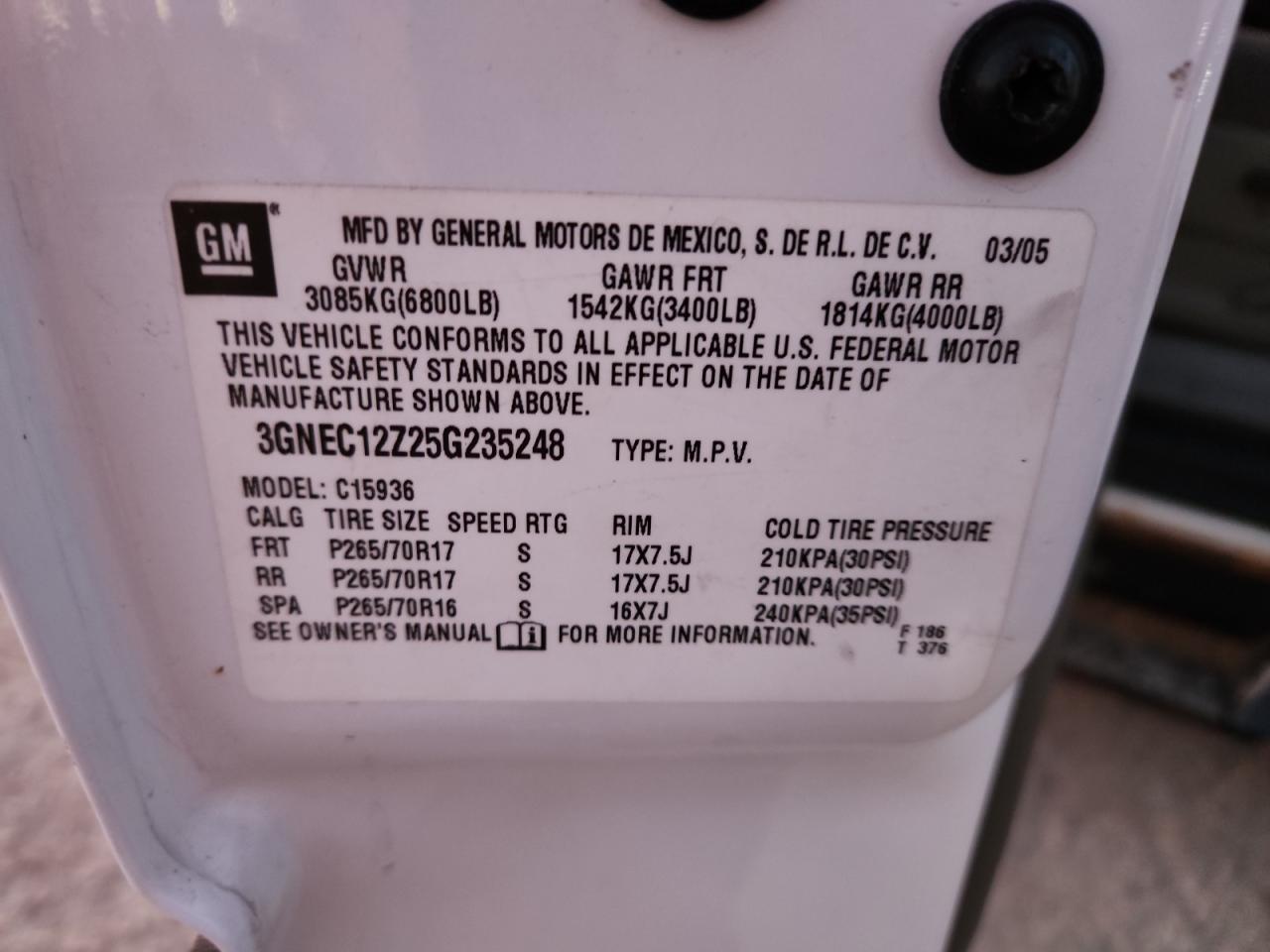 2005 Chevrolet Avalanche C1500 VIN: 3GNEC12Z25G235248 Lot: 90607135