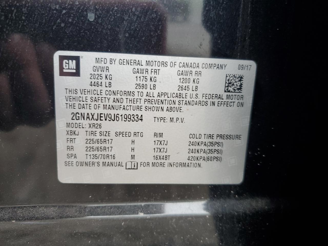 2018 Chevrolet Equinox Lt VIN: 2GNAXJEV9J6199334 Lot: 93107165