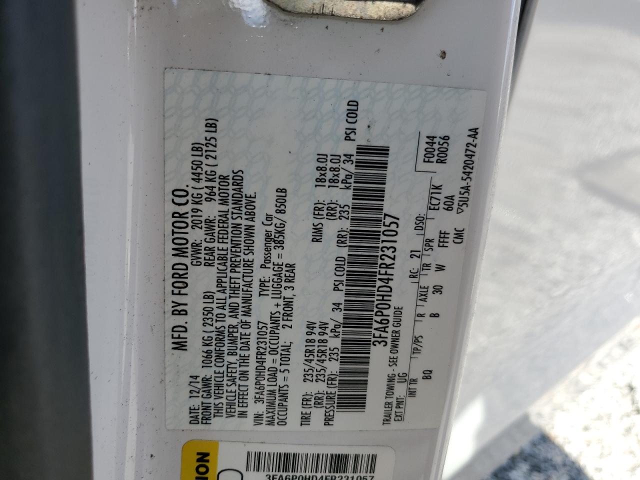 2015 Ford Fusion Se VIN: 3FA6P0HD4FR231057 Lot: 91179655