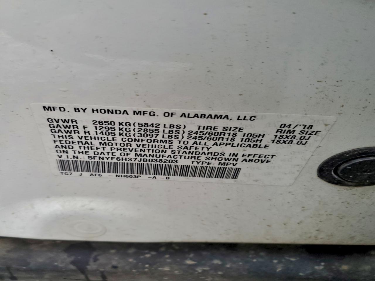 2018 Honda Pilot Ex VIN: 5FNYF6H37JB038203 Lot: 94570845