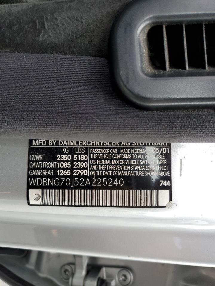 2002 Mercedes-Benz S 430 VIN: WDBNG70J52A225240 Lot: 93333905