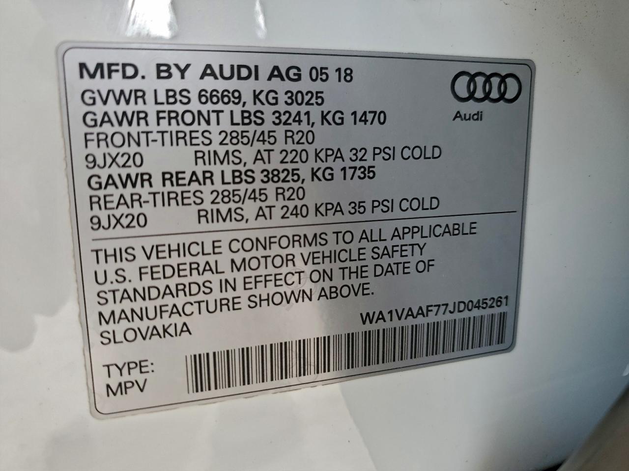 2018 Audi Q7 Prestige VIN: WA1VAAF77JD045261 Lot: 93761905