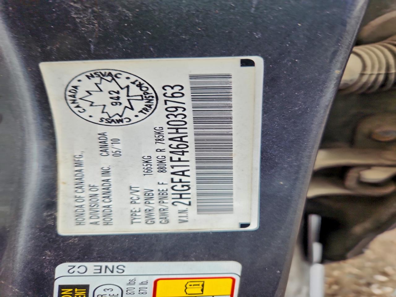 2010 Honda Civic Dx-G VIN: 2HGFA1F46AH039763 Lot: 93955665