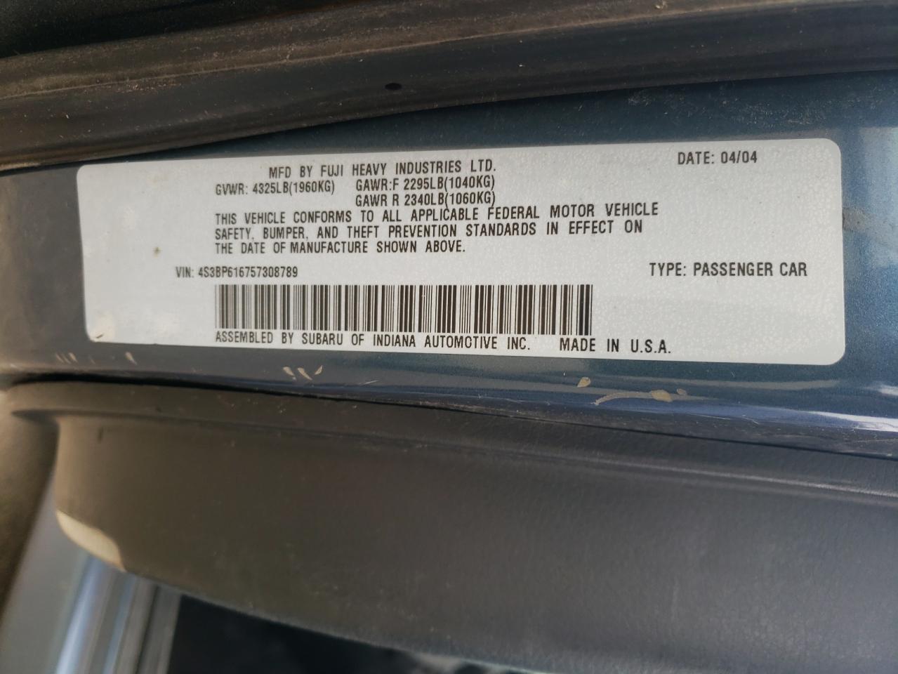 2005 Subaru Legacy 2.5I VIN: 4S3BP616757308789 Lot: 92546345