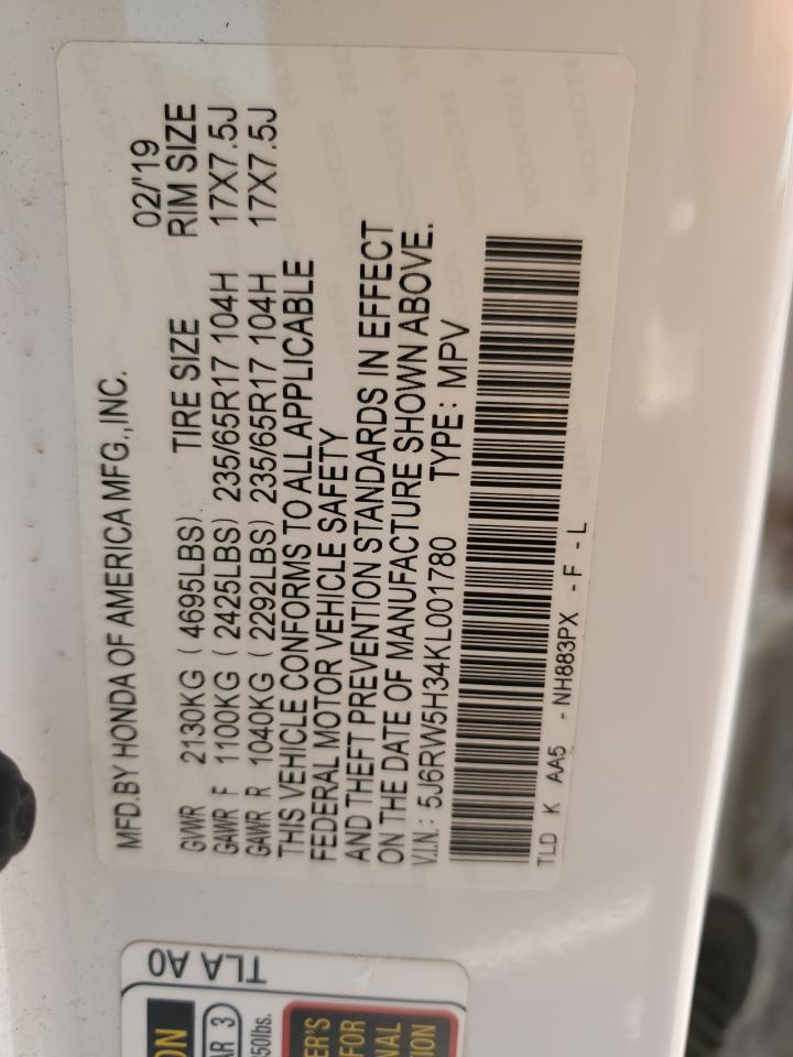 2019 Honda Cr-V Lx VIN: 5J6RW5H34KL001780 Lot: 92439565