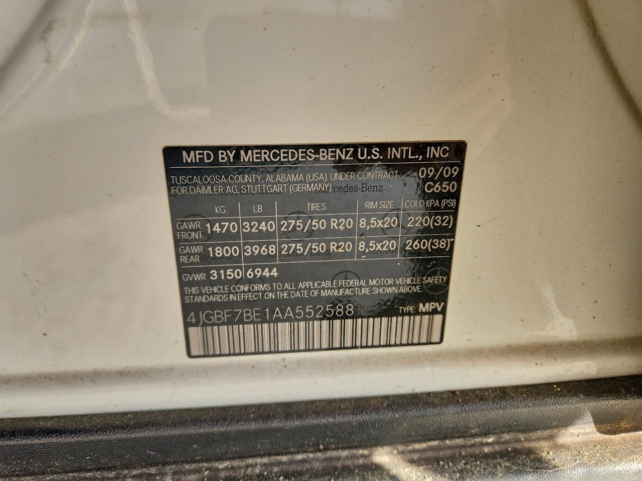 2010 Mercedes-Benz Gl 450 4Matic VIN: 4JGBF7BE1AA552588 Lot: 94339715