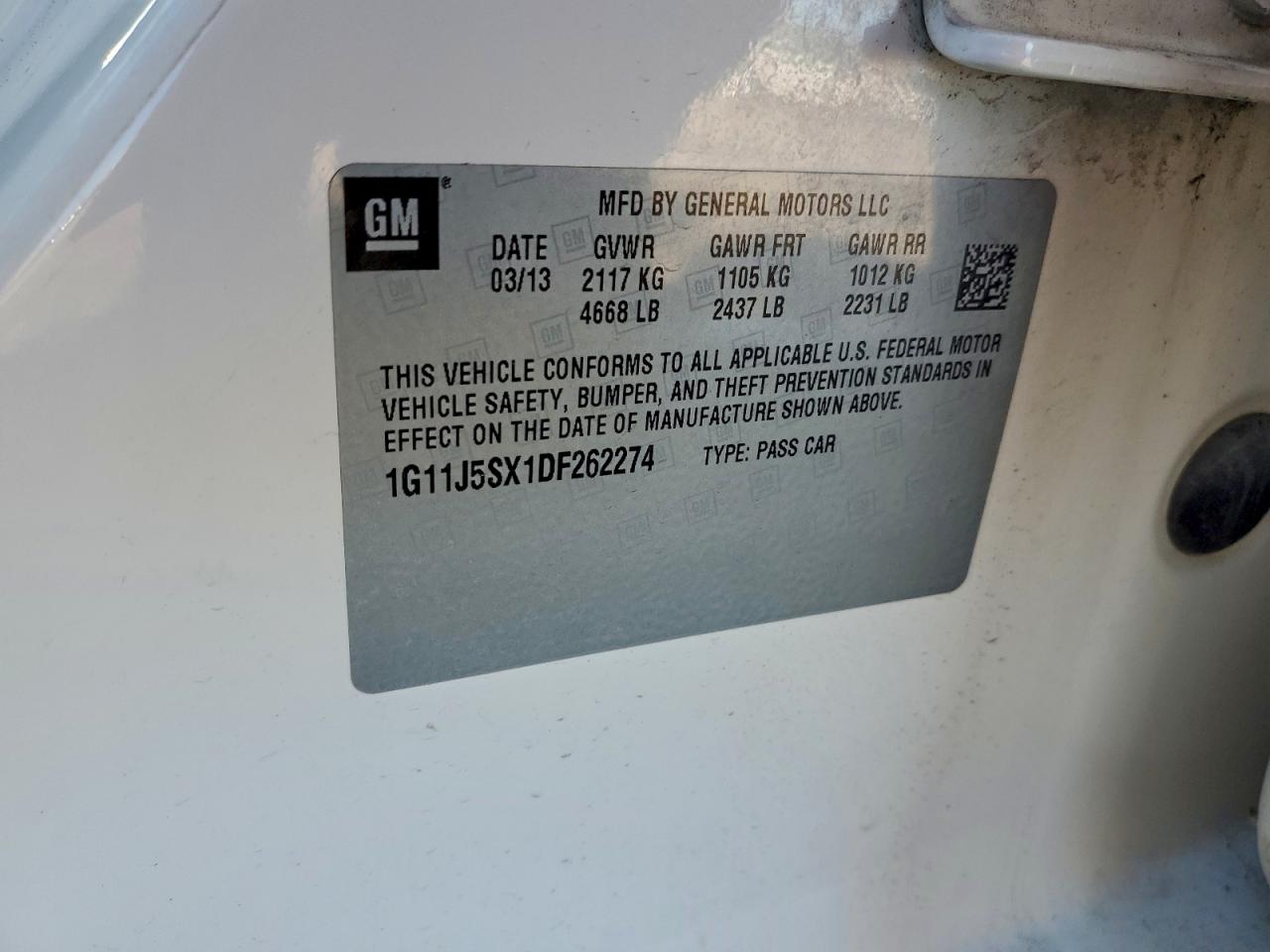 2013 Chevrolet Malibu Ltz VIN: 1G11J5SX1DF262274 Lot: 94771785