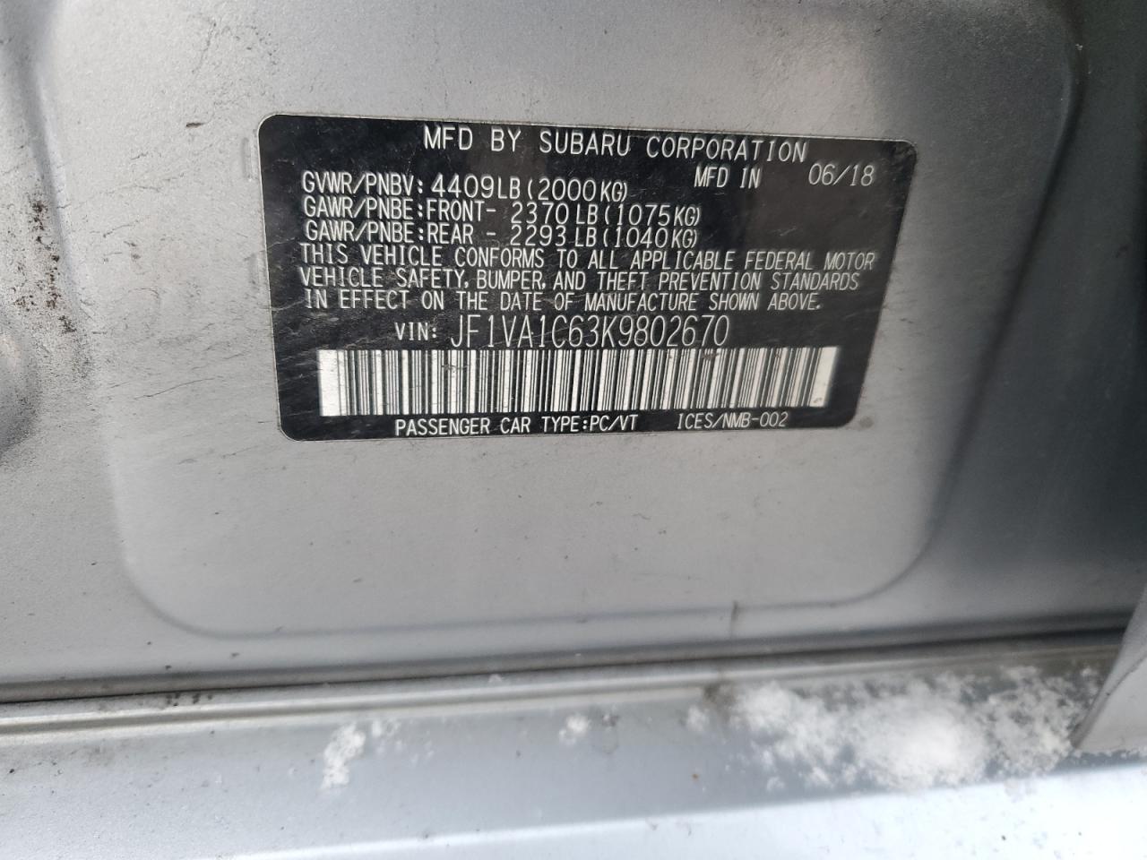 2019 Subaru Wrx Premium VIN: JF1VA1C63K9802670 Lot: 91960125