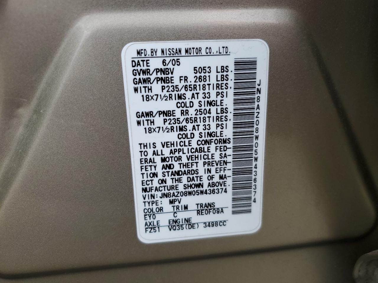 2005 Nissan Murano Sl VIN: JN8AZ08W05W436374 Lot: 93250705