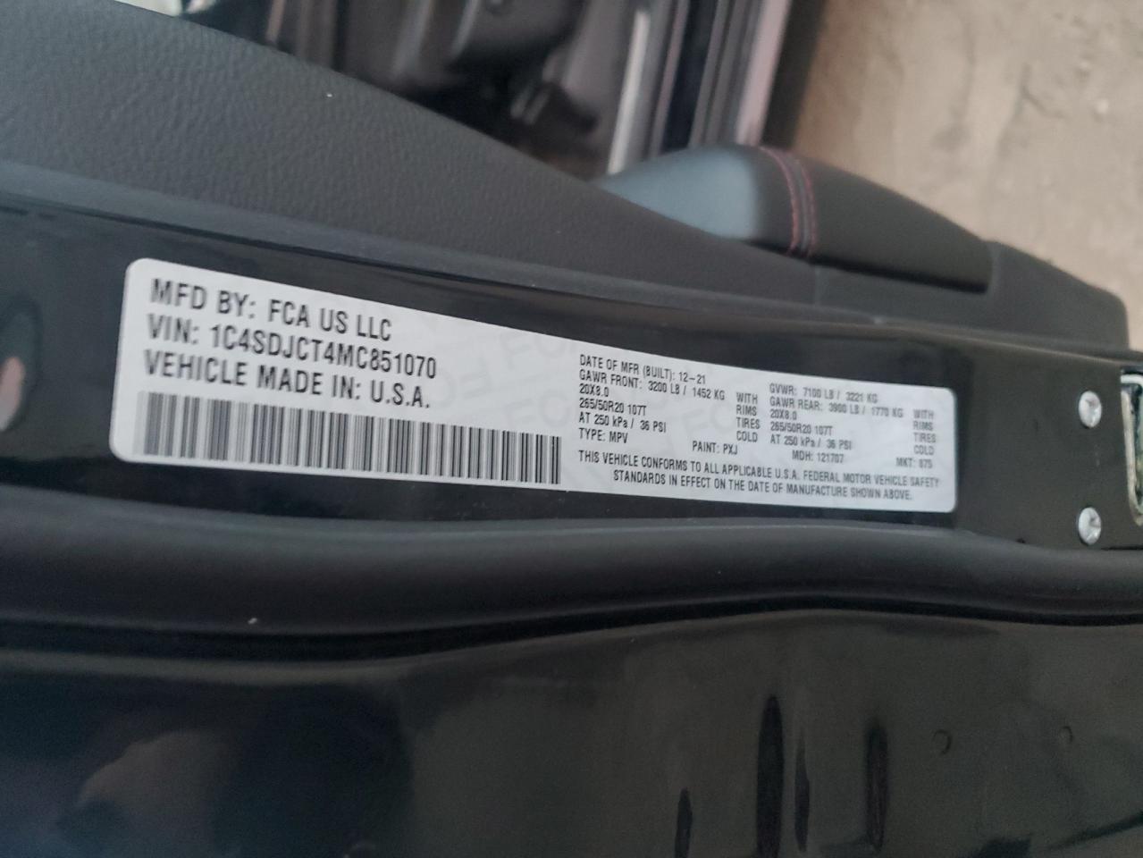 2021 Dodge Durango R/T VIN: 1C4SDJCT4MC851070 Lot: 90340165