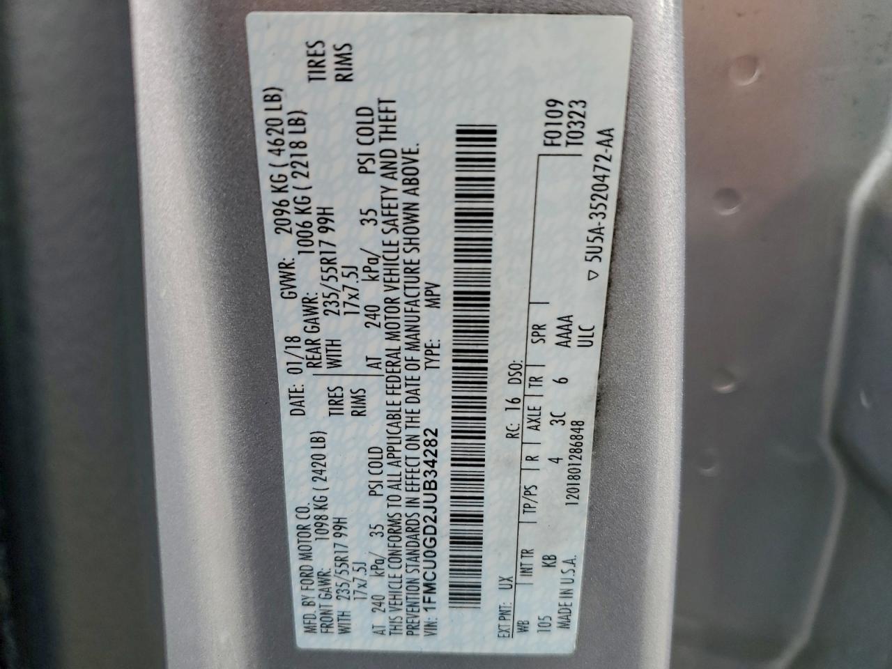 2018 Ford Escape Se VIN: 1FMCU0GD2JUB34282 Lot: 92937645