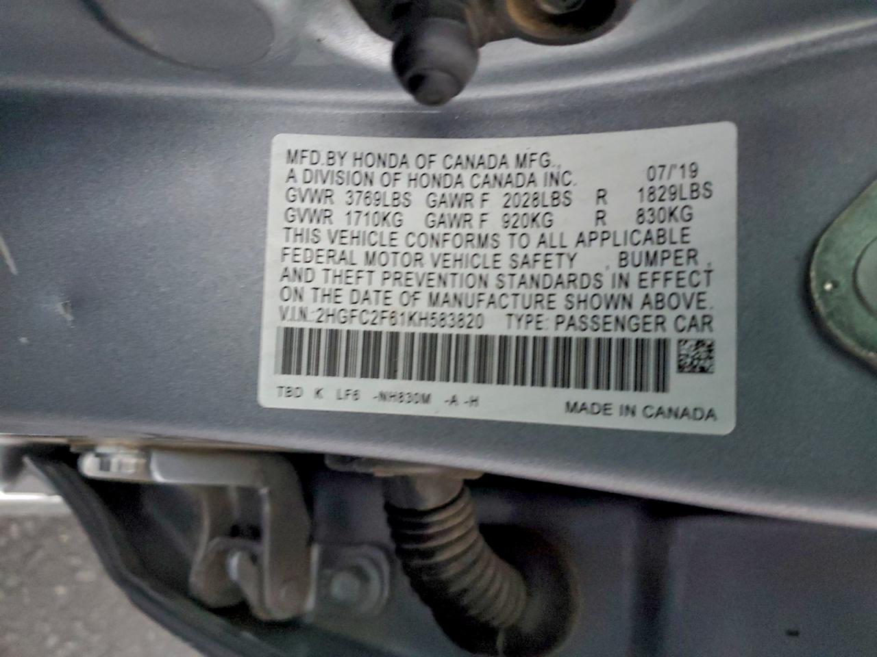 2019 Honda Civic Lx VIN: 2HGFC2F61KH583820 Lot: 85439575