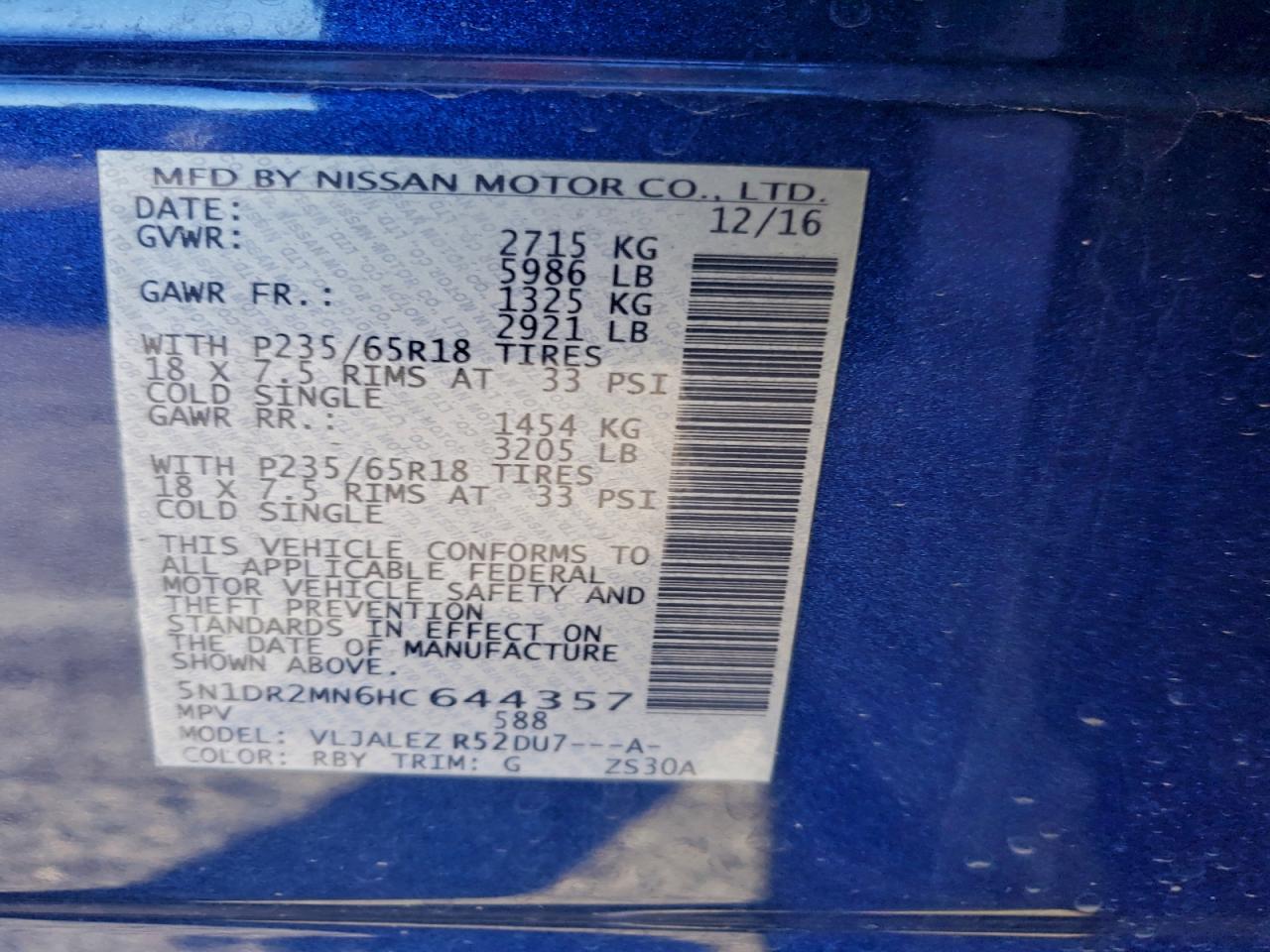 2017 Nissan Pathfinder S VIN: 5N1DR2MN6HC644357 Lot: 93922105