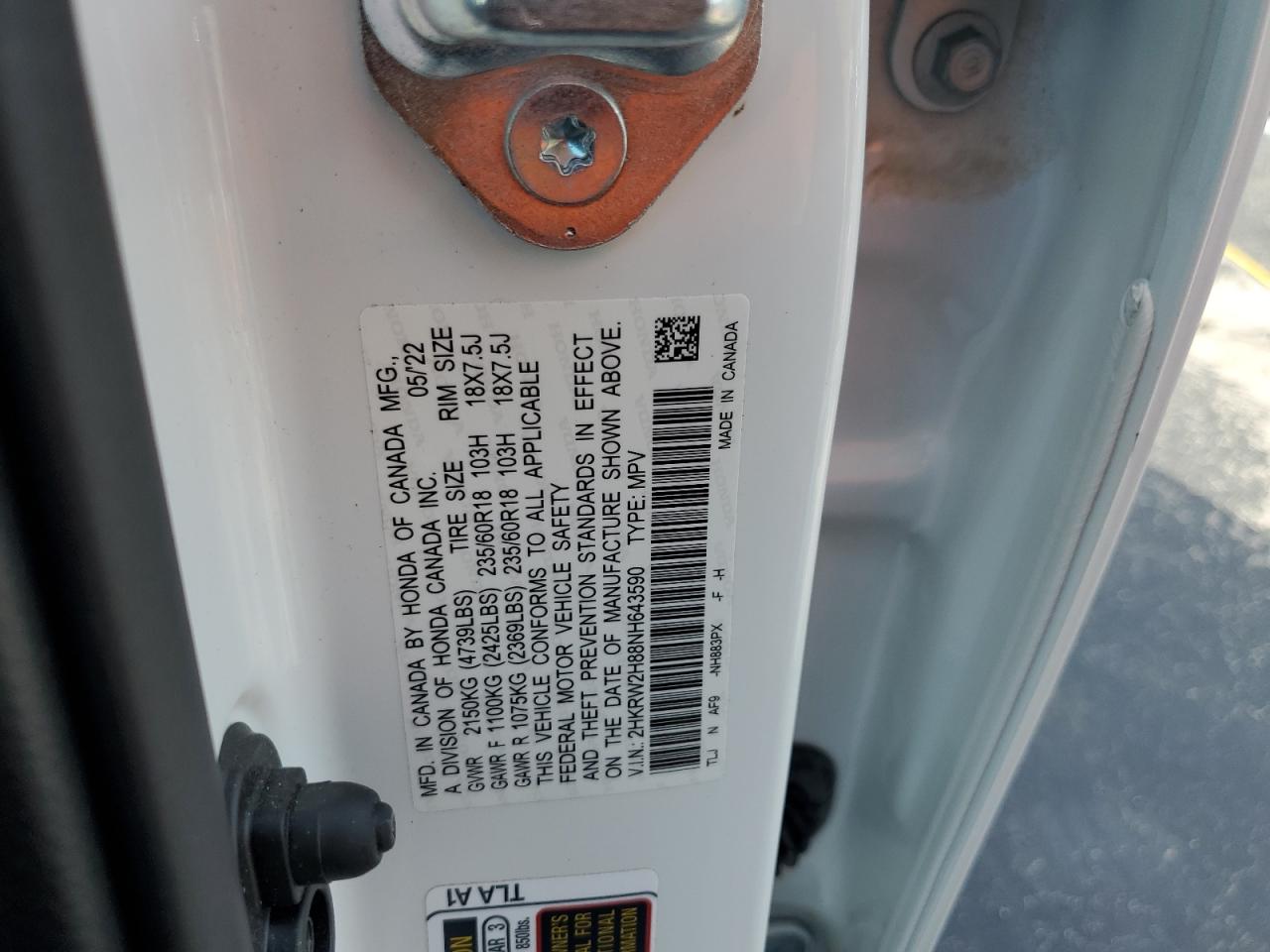 2022 Honda Cr-V Exl VIN: 2HKRW2H88NH643590 Lot: 92159815